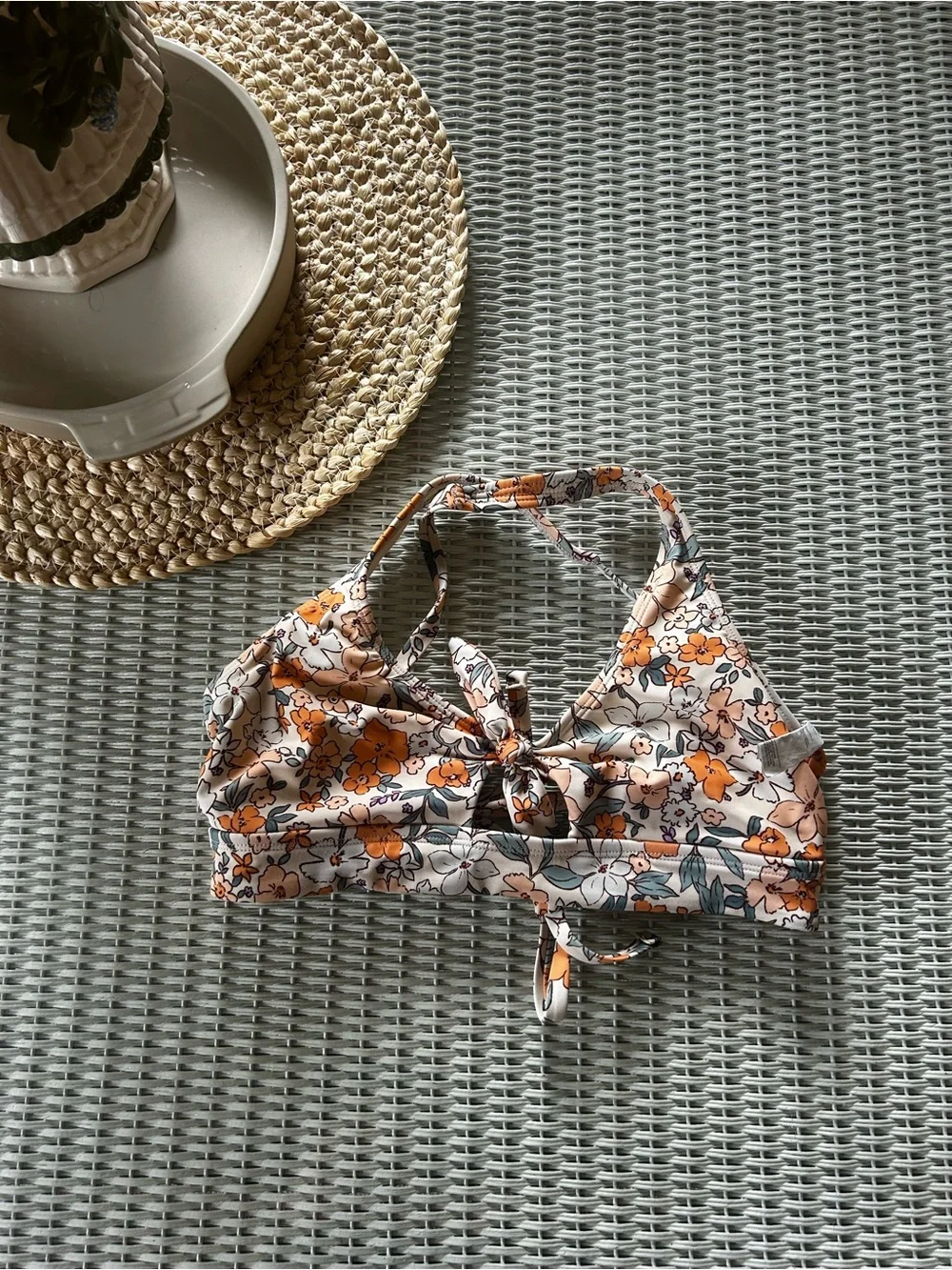 Floral Tie-Front Bikini Top — Orange & White